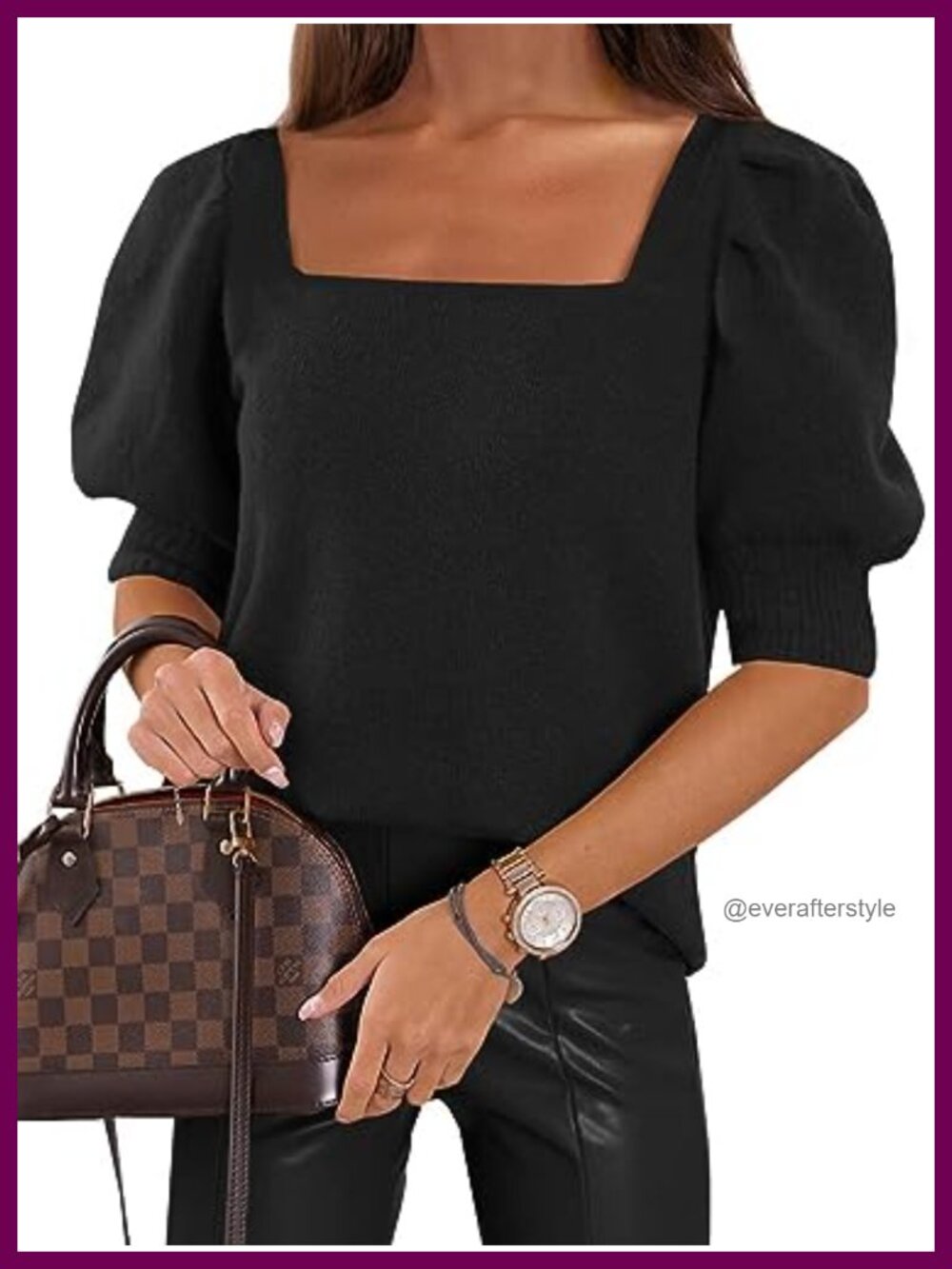 Womens Puff Short Sleeve Sweater Square Neck Knit Pullover